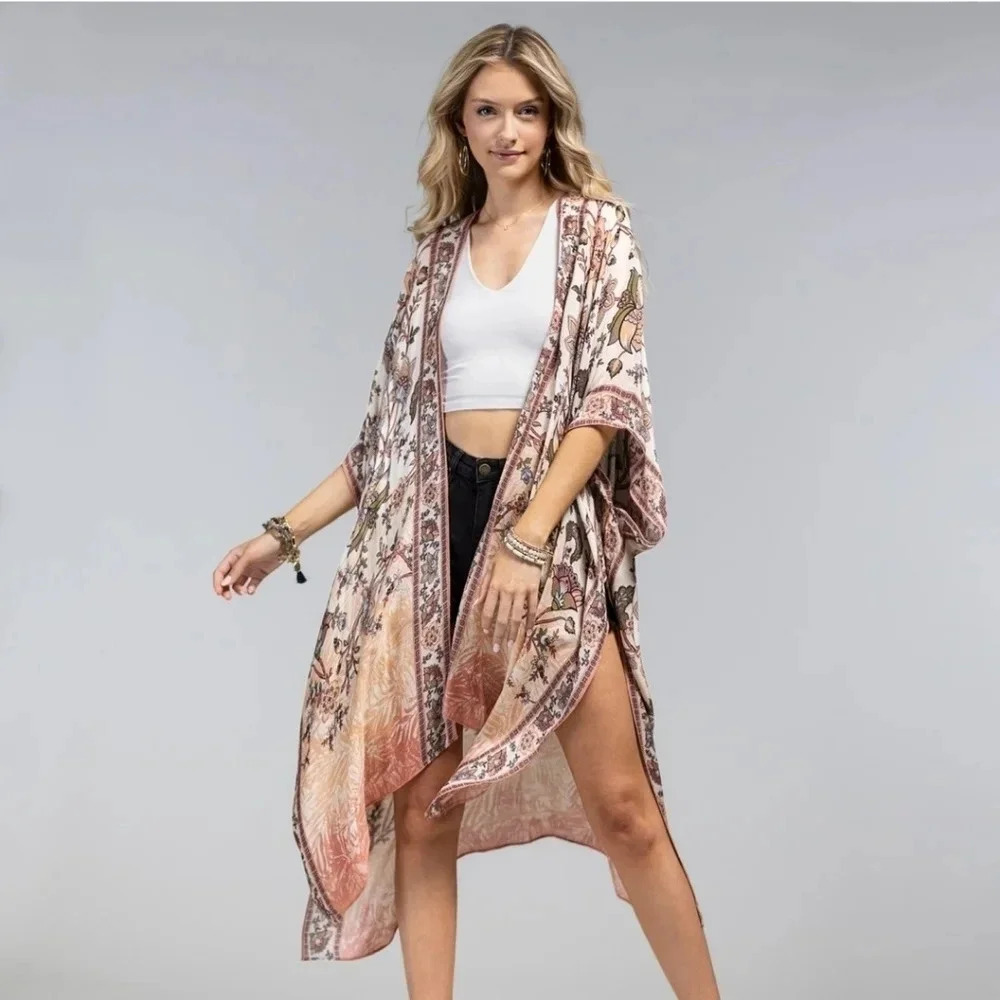 Ruggine Boho Blush Pink Floral Kimono Coverup New